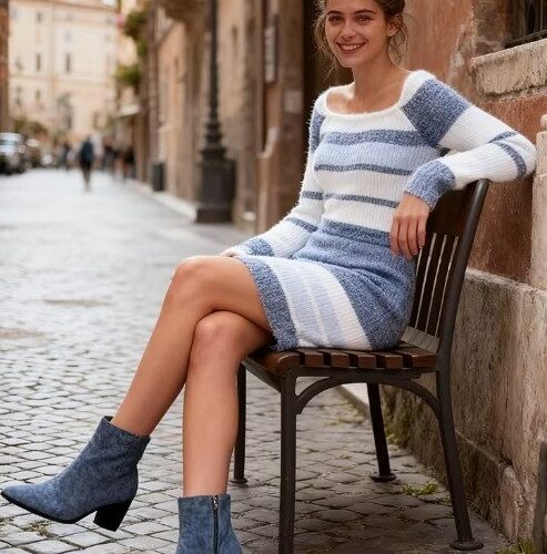 blau und weiß Strickkleid
